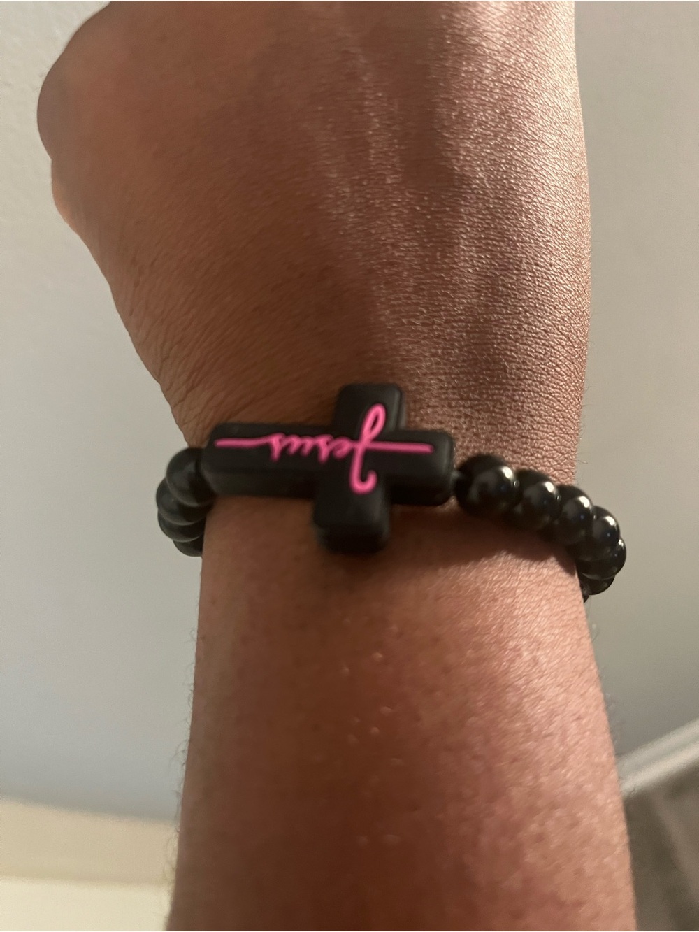 Black Beaded Cross Bracelet with Pink Script